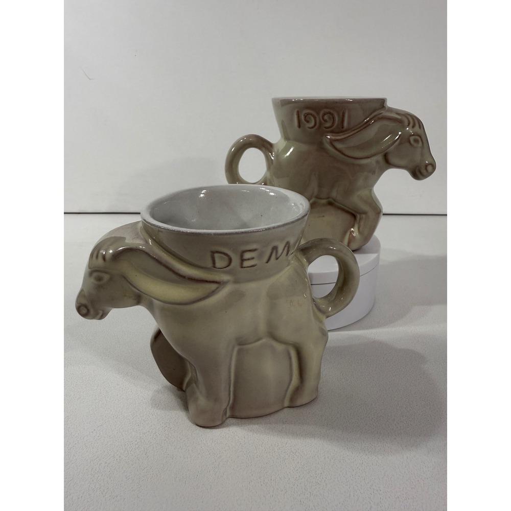 Frankoma Pottery 1991 Democratic Donkey Mugs Set of 2 ivory Glaze DG05-739